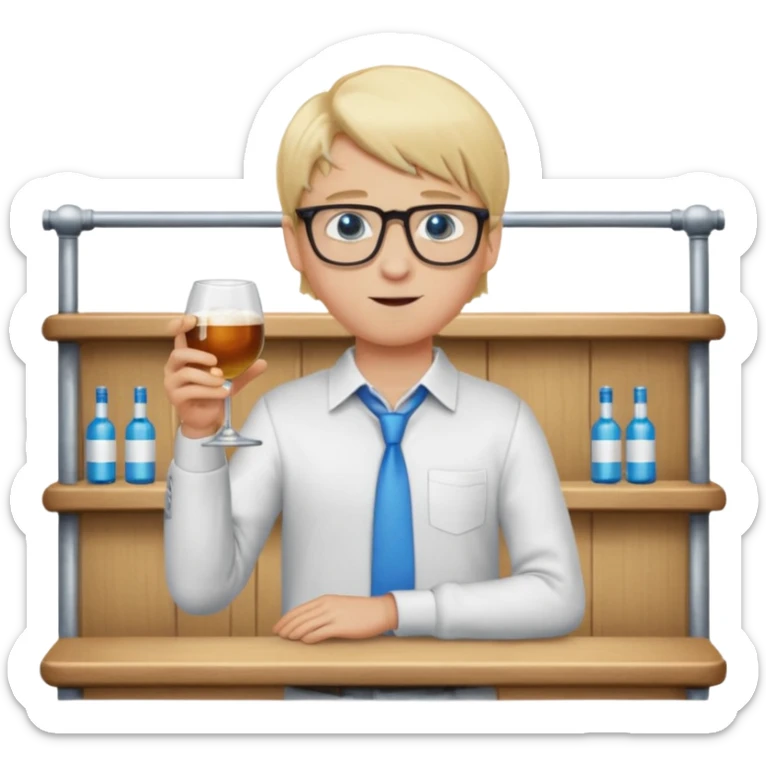 Wygeneruj mi emotke ubranego chłopaka i pokaż go od stóp do głów o włosach blond z niebieskimi oczami w okularach, który utrzymuje się na drążku sticker