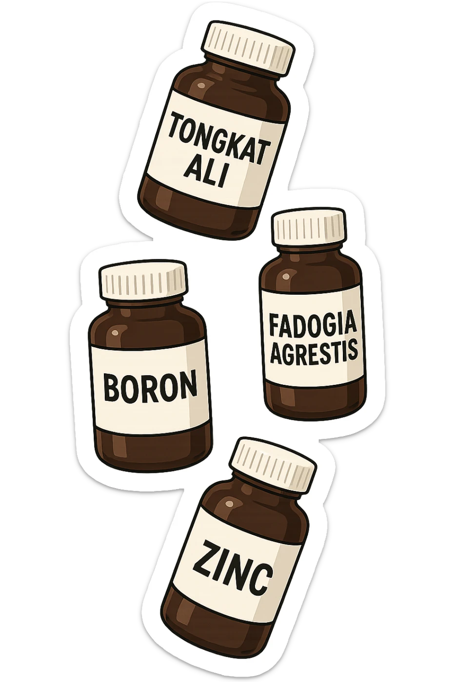 4 boccette di integratore: Tongkat Ali, Fadogia Agrestis, Boron e Zinco fluttuano in aria verticalmente sticker