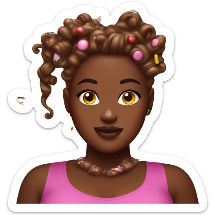 Plus size girl with hair made of chocolate drippings, with sprinkles on top , candy themed outfit sticker