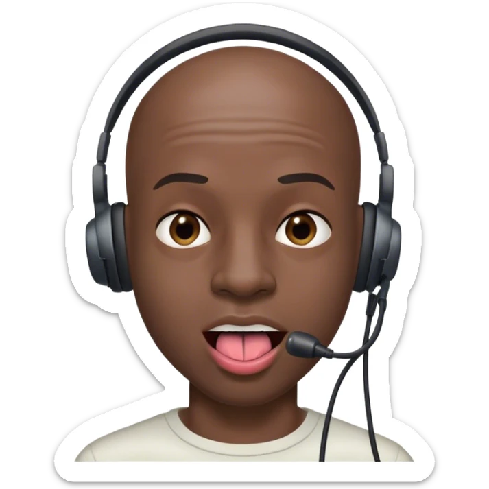 Black guy with bald spots with almost no hair with his tongue out with a big headset dent sticker