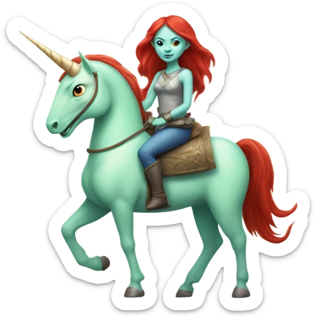 [politically incorrect
	{ woman: alien, color: light green, hair:red, eyes:cat} ]
	on a 
	[{ unicorn: white, legged:four, mane: light blue }] sticker