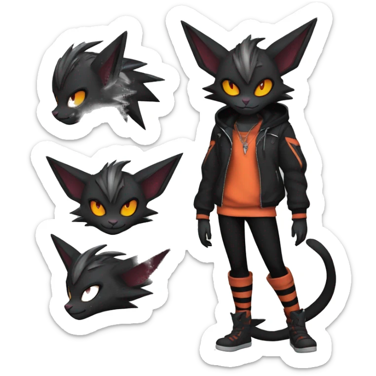 Cool Anthro Black Noivern-Quiana-Litten-Pokémon with edgy stripes hoodie spiked collar punk Full Body sticker