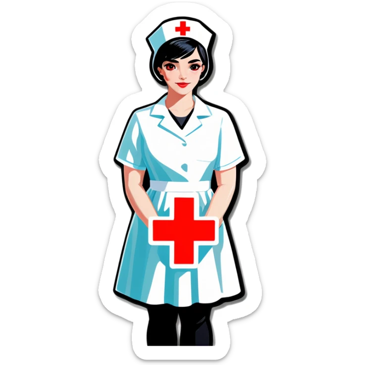 pixie cut black straight hair female nurse with red cross sign hat wearing dress
pale skin color black eyes sticker