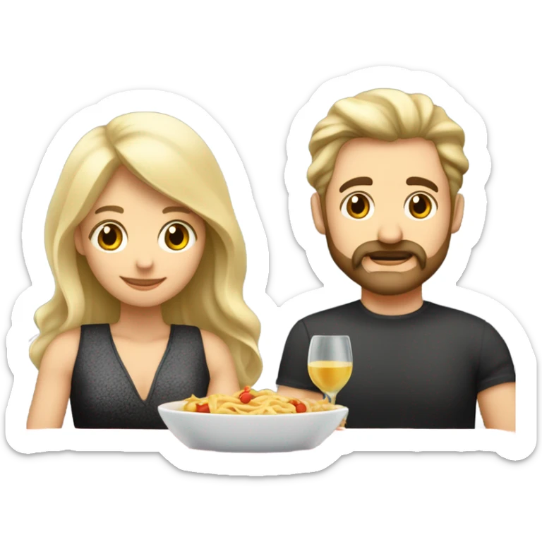 Repas en amoureux blancs femme blonde cheveux mi-longs homme petite barbe et moustache grisonnant  sticker