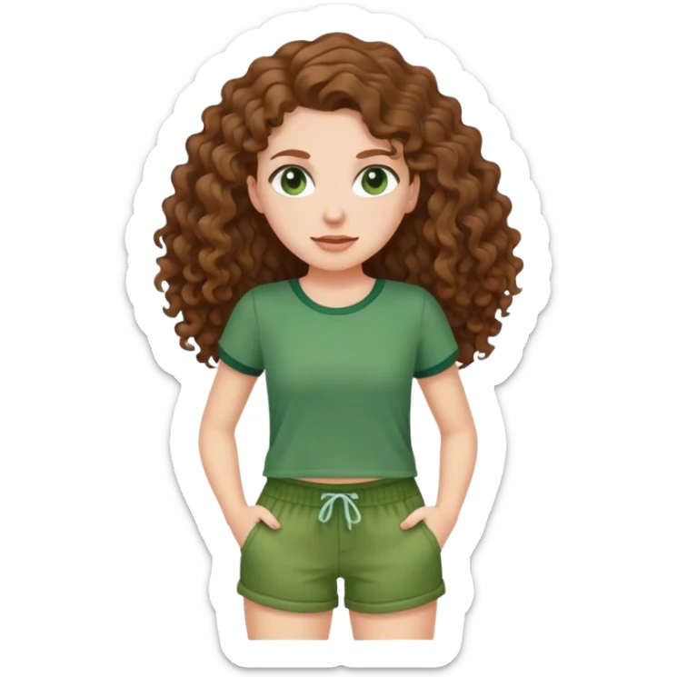 white girl with long brown curly hair in green top and shorts holding back sticker
