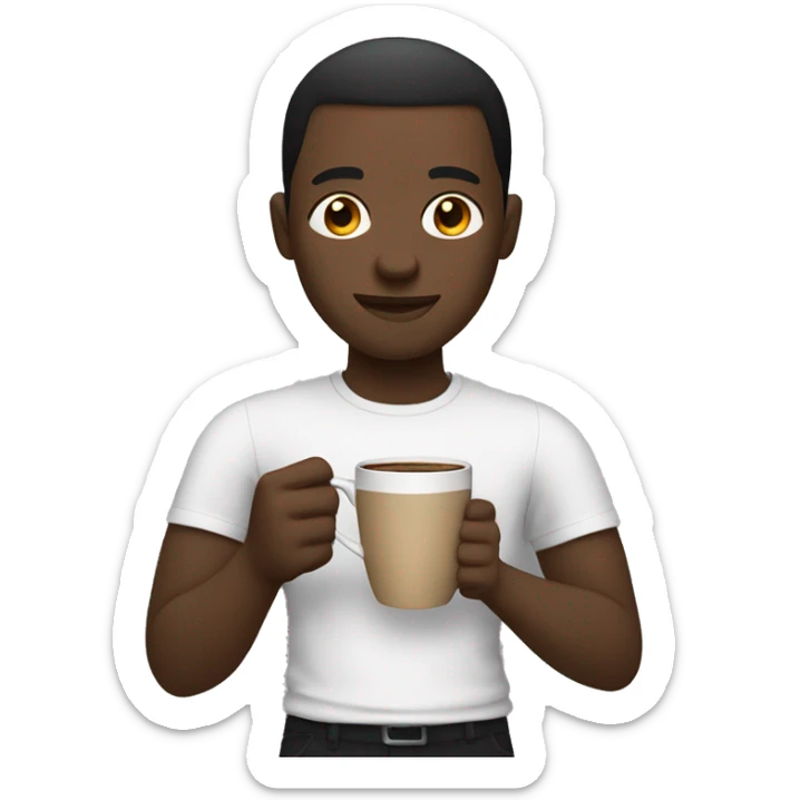 Black man with short hair wearing a black shirt holding a cup of coffee sticker