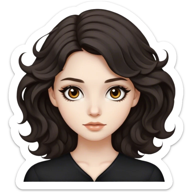 Beautiful girl,Black/dark brown hair, blown out wavy hair, medium/long hair, brown eyes, pale, winged eyeliner sticker