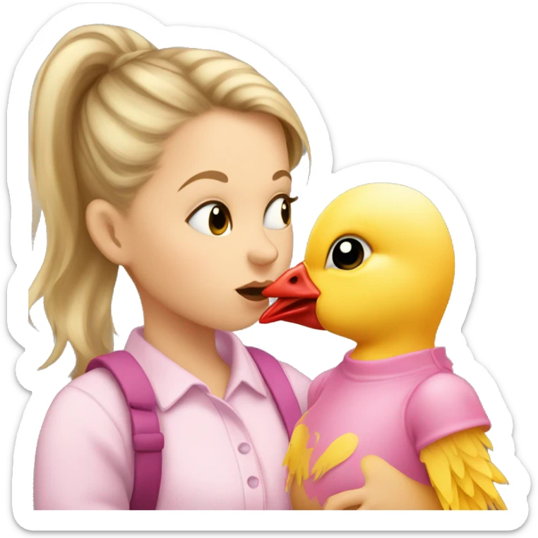 Small white girl with dirty blonde hair in a pony tail and pink shirt kissing a baby chicken  sticker