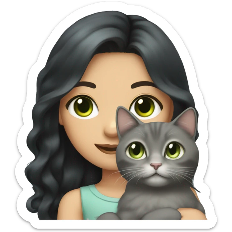 girl with long wavy black hair and dark hazel eyes holding fluffy grey cat with light green eyes sticker