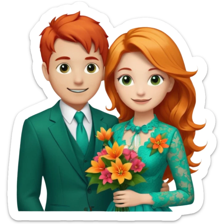  The man, with red hair, wears a dark green suit with a green tie and an orange boutonnière. The woman, with blonde hair, wears a turquoise ballgown with lace details and holds a colorful tropical bouquet. They smile at each other.  sticker