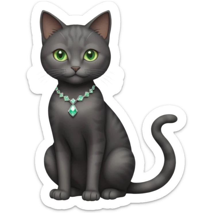 full body view of beautiful female dark grey cat with green eyes, white toes and white diamond on chest sticker