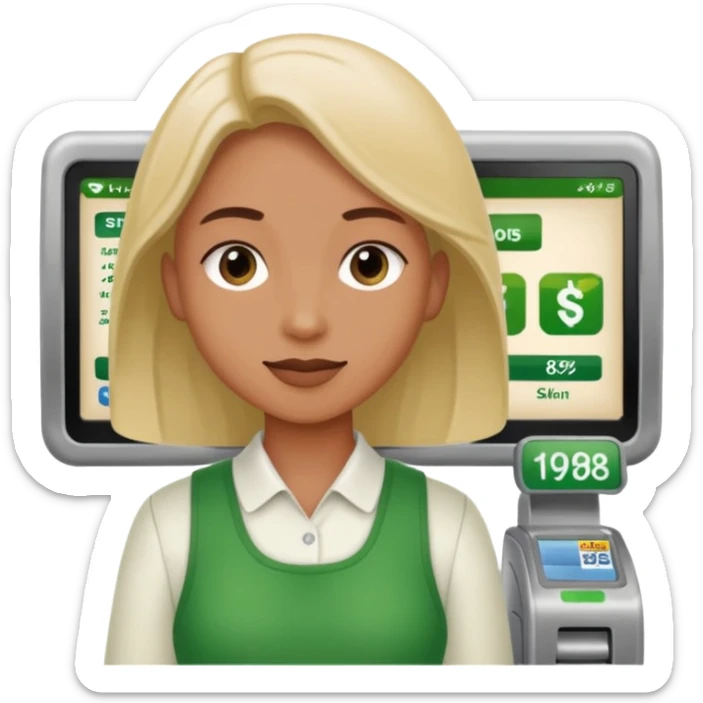 Eine Person die an der Supermarktkasse steht. Die Kasse ist gekennzeichnet als "Plauderkasse" und im grünen Design. sticker