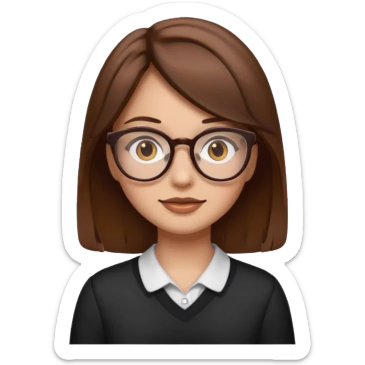 girl with brown hair and brown eyes, wearing glasses, emoji style sticker