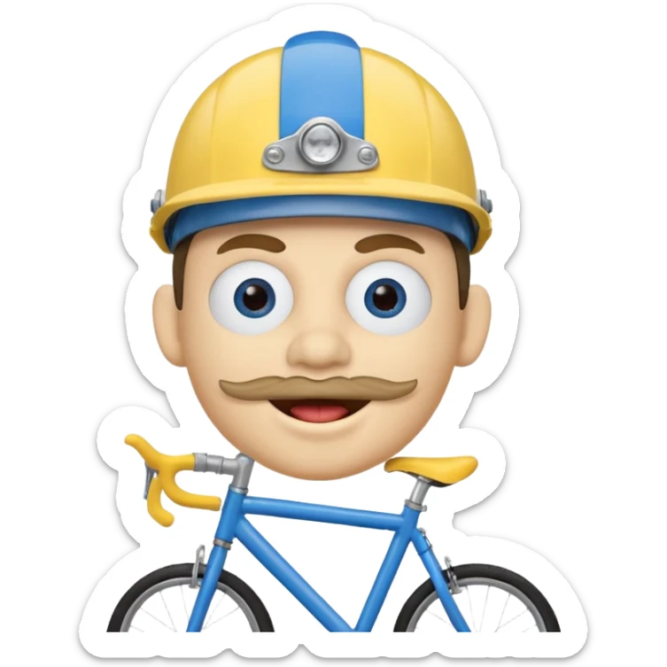 A round head puppet with 2 buck teeth a blue bike helmet and a round nose with a pencil in it also he has a unibrow and blue eyes and a yellow shirt that says jeffy sticker