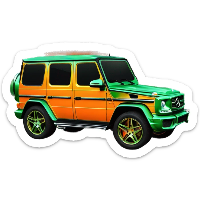 rapper,Young Dolph luxury clothes,blue diamond chain on,near his car, just opened drivers side car door to his all orange and green colored painted army camouflage, Mercedes G Wagon sticker