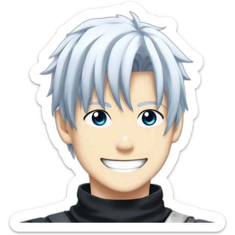 gojo satoru from jujutsu kaisen with white manga hair style, blue sky eyes and wear a black tight tshirt smiling sticker