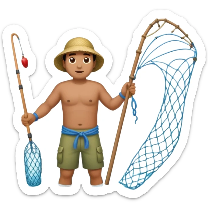 A Polynesian fisherman standing in the water fishing with a large net sticker