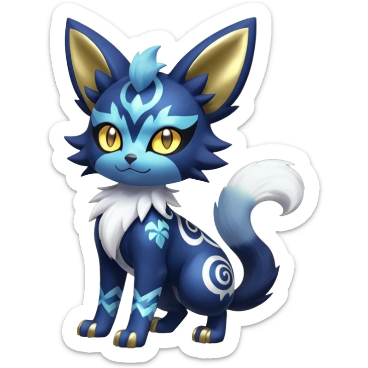 Shiny mExotic Badass Colorfulj Ethereal Royal Mysterious Gothic Meowstic-Zorua-Litten-Noibat-Pokémon-Fakémon-hybrid-creature (full body) with pattern-markings with golden eyes sticker