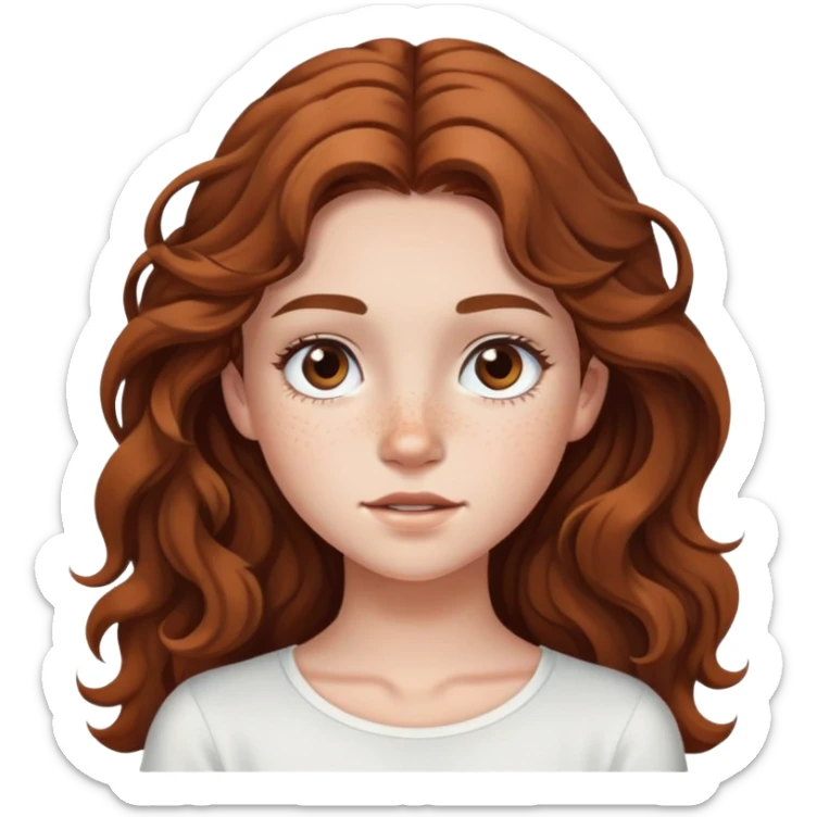 teenage girl with long wavy hair, freckles, long eyelashes, white top sticker