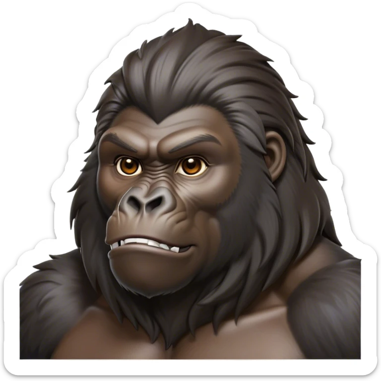 Cinematic Noble mountain Gorilla Portrait Emoji, Poised and majestic, with a powerful, muscular frame accentuated by a distinguished silver mane and piercing, wise eyes, Simplified yet sharp and sophisticated features, highly detailed, glowing with a soft, regal jungle glow, high shine, intelligent and commanding, stylized with an air of imperial strength, focused and resolute, soft glowing outline, capturing the essence of a watchful guardian that feels as though it could step out of the screen with effortless authority! sticker