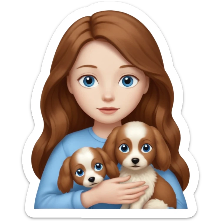 long hair chestnut color blue eyes woman holding small ivory dog sticker