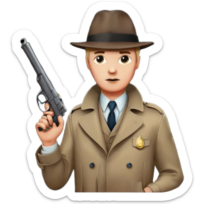 Icon for Detective Movie: A vintage movie poster-style design featuring a close-up of a detective with a gun on a dark London street under the full moon. The scene includes faint traces of blood on the asphalt, hinting at a murder. Retro cinematic typography. Transparent background. sticker
