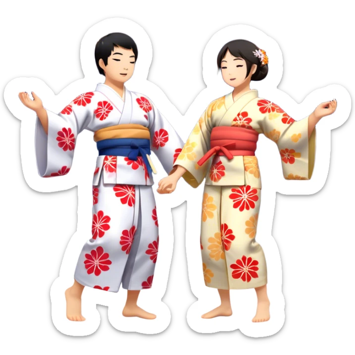 Cinematic Realistic scene of two performers engaging in Bon Odori, dressed in traditional yukata with intricate summer patterns, captured in graceful, rhythmic motion with warm, festive lighting sticker