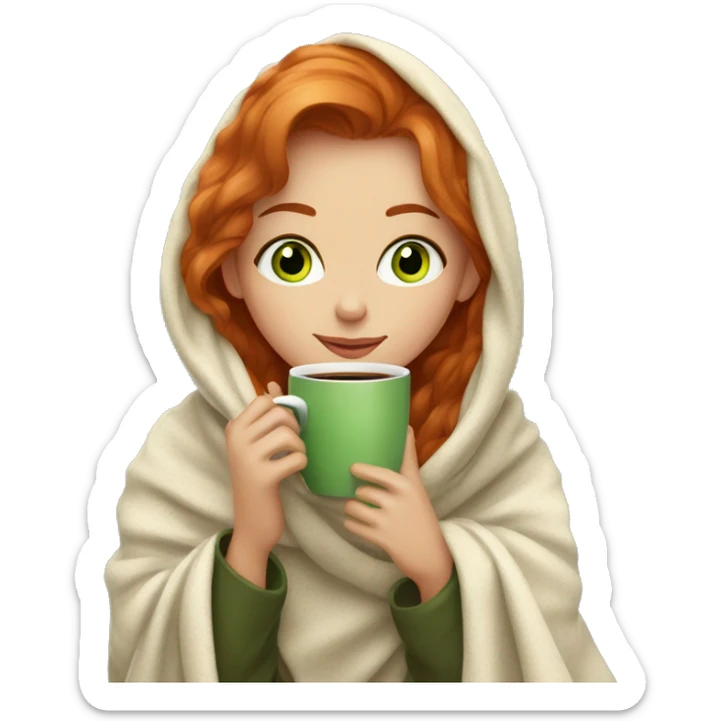 Girl with blondish red hair and green eyes sipping coffee in a cozy blanket sticker