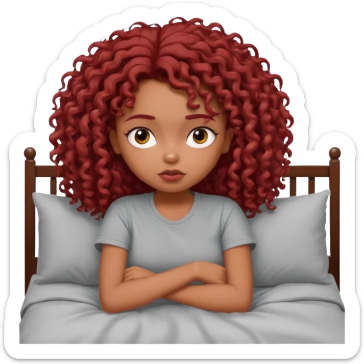 generate a pretty bratz brown skinned girl curly dark red hair, tired in bed in a grey tshirt bored. sticker