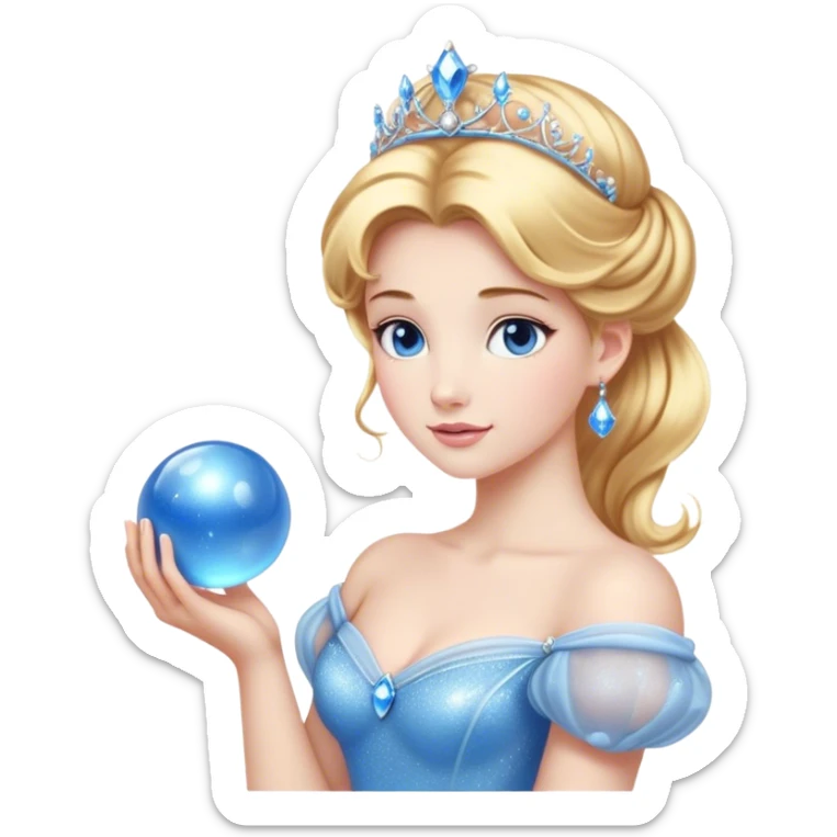 Cinematic Stunning Cinderella Portrait Emoji, Radiant in her sparkling blue ball gown, golden hair in a perfect updo, soft blue eyes full of wonder, glistening tiara, glowing with an ethereal beauty, regal yet kind, a dreamlike aura surrounds her, capturing the essence of a fairy tale princess, elegant and breathtaking! sticker