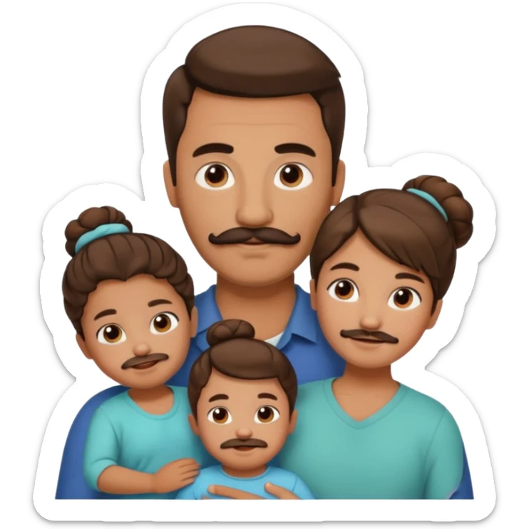 brown family with mom dad teenage daughter toddler son and baby. moms hair is in a bun and dad has a mustache and beard sticker