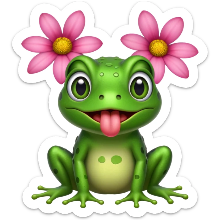 A frog with flowers, all around it sticking out its tongue like a dog sticker