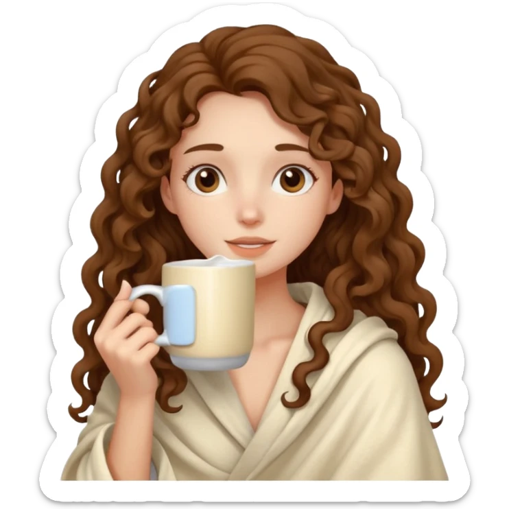 a slender girl with fair skin with long curly brown hair her shoulders are covered with a cream blanket in her hands a white mug her face is calm sticker