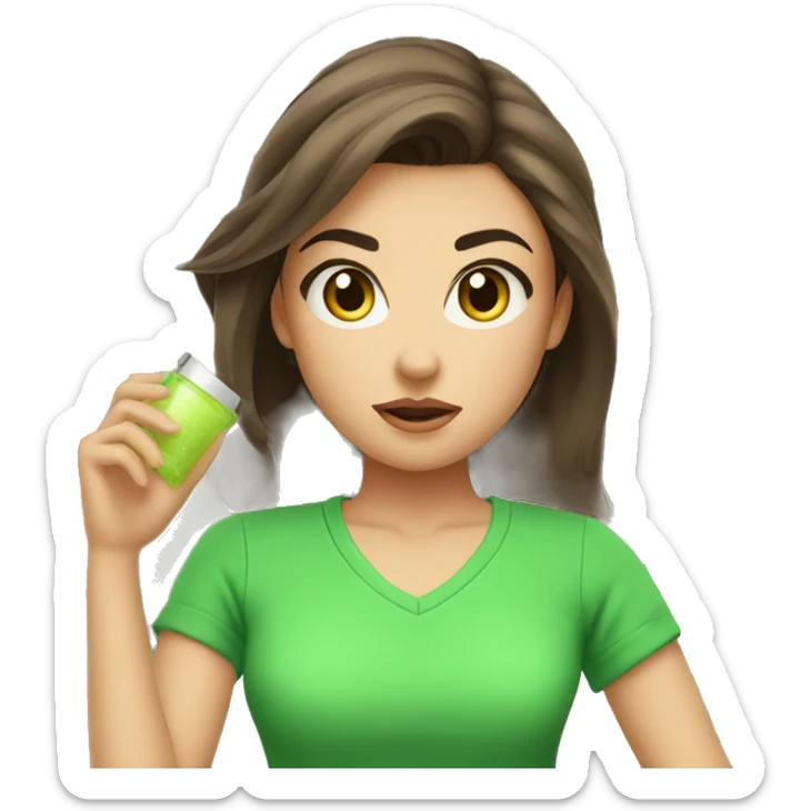 angry face with brunette hair and make it attractive and a girl and with green clothes on and holding skincare products sticker