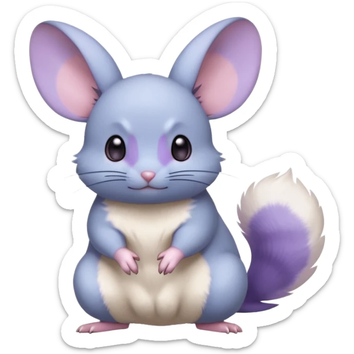 Light-pastel-blue rodent-chinchilla-Minccino-Pokémon-Fakémon-fusion-hybrid-Pokémon-animal-creature, full body with purple-violet-pinkish round cheek markings  sticker