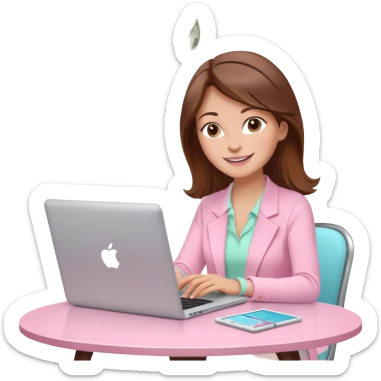  woman character with laptop and coffee relax table, dollars are floating, colorful pastel pink outfit, white laptop, brownn hair, fair skin,  sticker