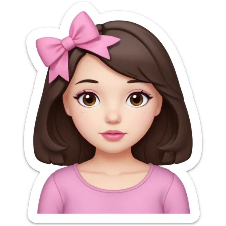 A cute slightly plump, fair-skinned girl with loose, slightly wavy, layered shoulder-length hair, dark brown eyes, and light pink lips. She wears coquette pink clothes, a small pink bow, and slightly rosy cheeks. sticker