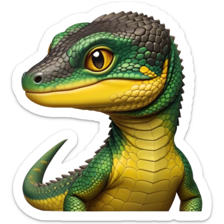 cinematic-realistic-cute-monitor-lizard-portrait-emoji,-head-tilted-playfully-and-inquisitively,-featuring-a-compact,-agile-body-with-finely-detailed,-glossy-scales-in-earthy-black and yellow-hues-and-a-distinct,-alert-face-with-bright,-curious-eyes, black , yellow spotted and green band  scales and a slender neck sticker