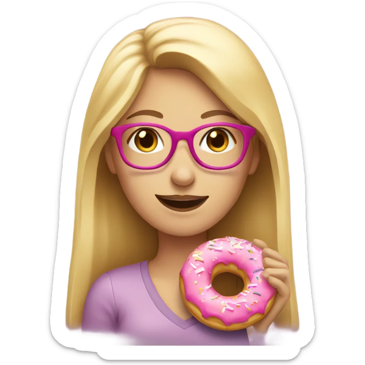 Caucasian women, blonde hair, pink glasses, eating donut sticker