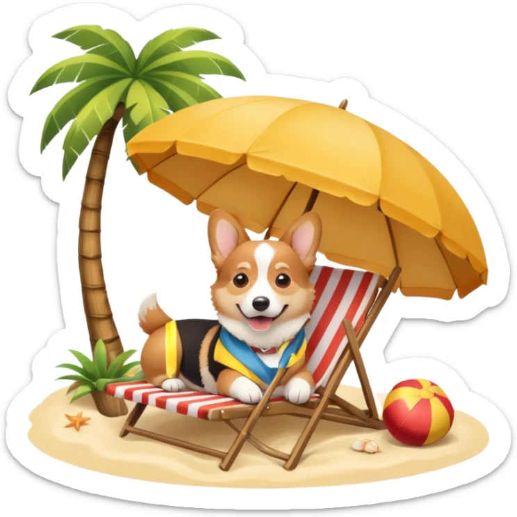 a corgi dog laied on a beach chair, a sunny beach, a sun umbrella, and beach coconut trees. the icon should capture the essence of a relaxing beach vacation with a carefree atmosphere sticker