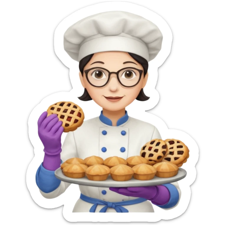 Older female pastry chef – round glasses, oven mitts on, holding a tray of pastries.

 sticker
