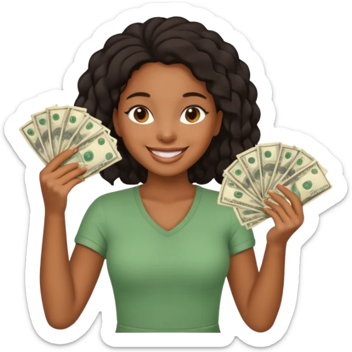 A black girl holding a lot of money on her hands and smiling  sticker