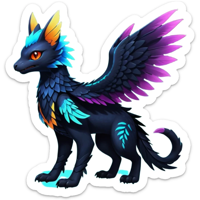 Black Dark Exotic Tropical Beaked Feathery Nocturnal Neon-glowing Abyssal Nightly Abyss-Cat-Gryphon-Salandit-Nargacuga-Silvally-Fakémon Creature (full body) sticker