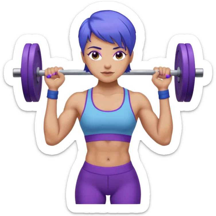 weight lift woman short blue purple har muscles bar is not growing from head sticker