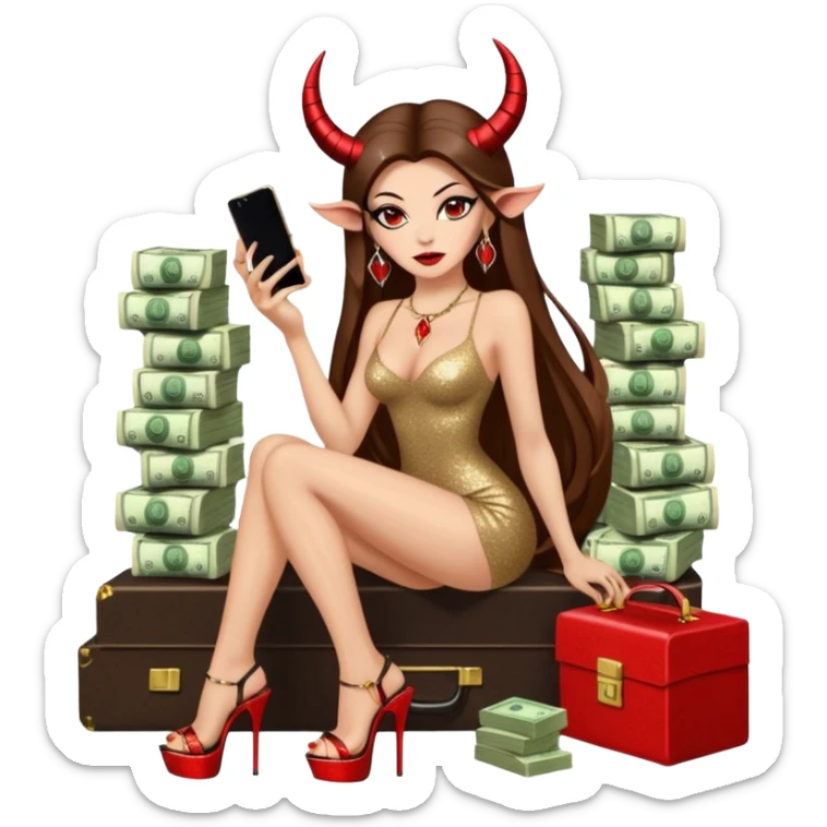 Sensual seductress long brown straight haired sexy drug lord woman with  glitter platform high heels on her feet,  and devil black horns on her head, holding a stack of cash, has a phone in other hand. Sitting on  Cases of drugs. Evil  sticker