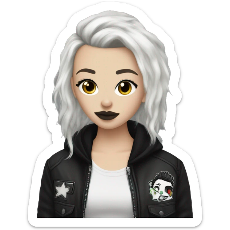 White girl, black dyed hair. She has a stretched black septum nose piercing, and wears a punk jacket sticker