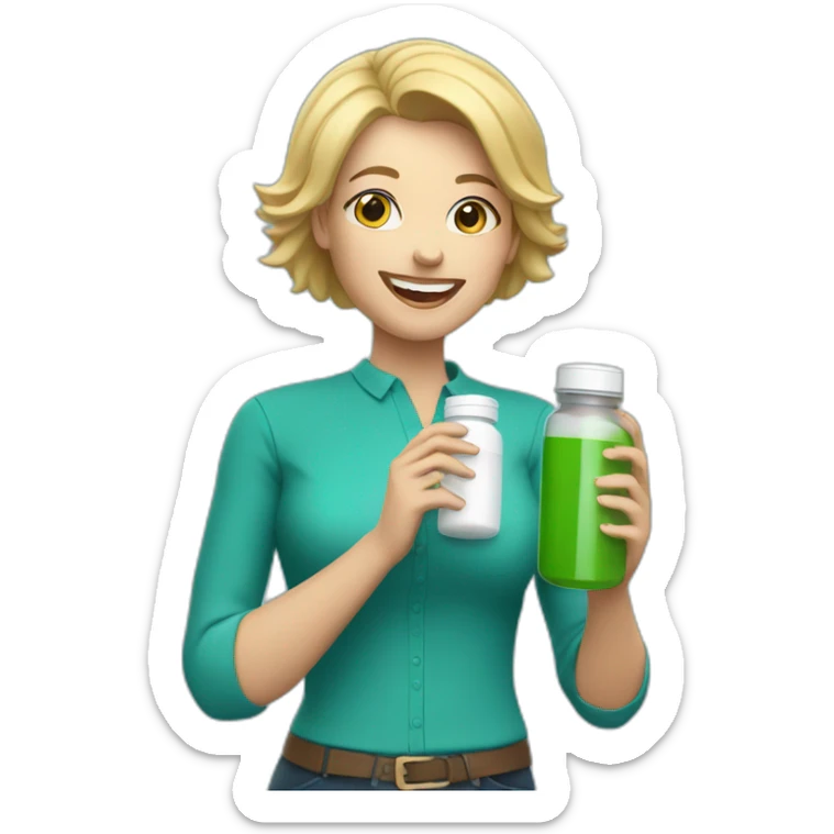 Happy blonde Mom holding pill bottle, short hair, teal shirt sticker