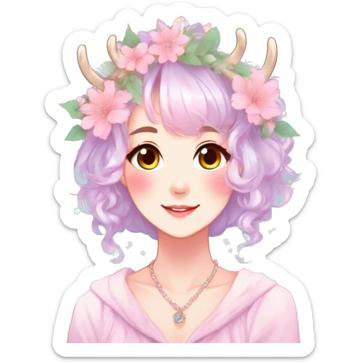 Gorgeous Shiny Colorful Pastel Anime Style Mature Lady with blushing face and pretty hair with a flower crown and antlers pastelcore kawaii cottagecore fairycore aesthetic trending style sticker