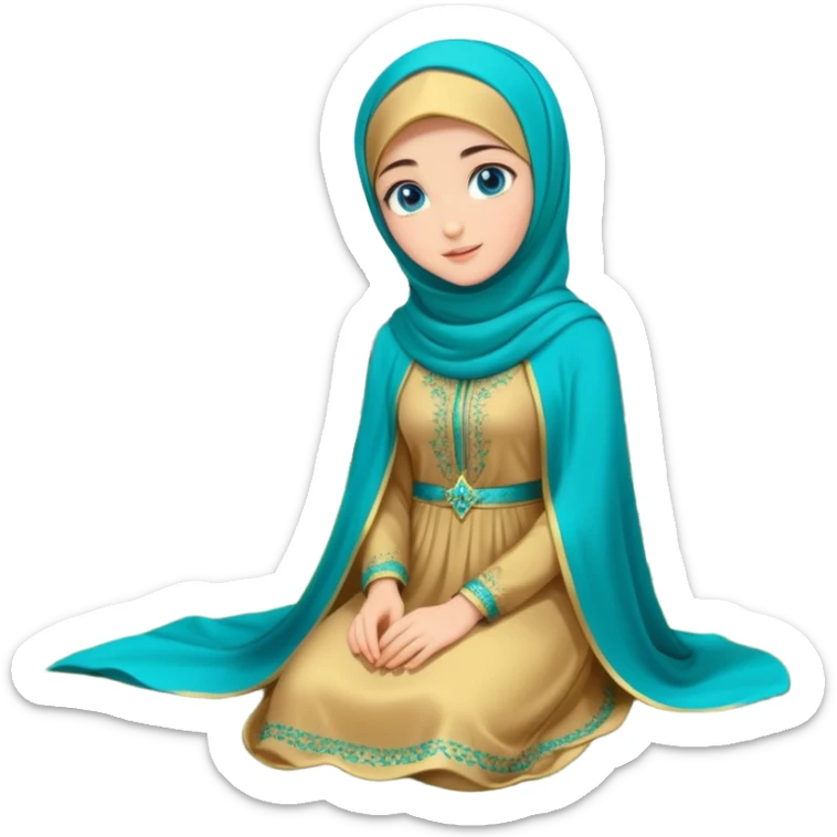 Turkish beautiful finish Konya girl blue eyes with gold hijab and islamic long tailed turquoise dress on the ground at garden and had on her hand text Eid Mubarak  sticker