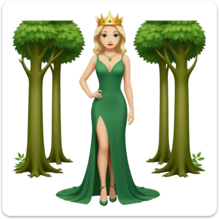 Queen, crown, blonde hair, green eyes, long green tight dress, decoltee,  Leg slit, whole Body, Background forest  sticker